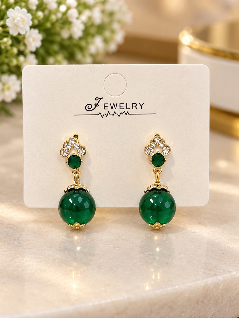 Gold-Tone Green Crystal Drop Earrings with Sparkling Accents